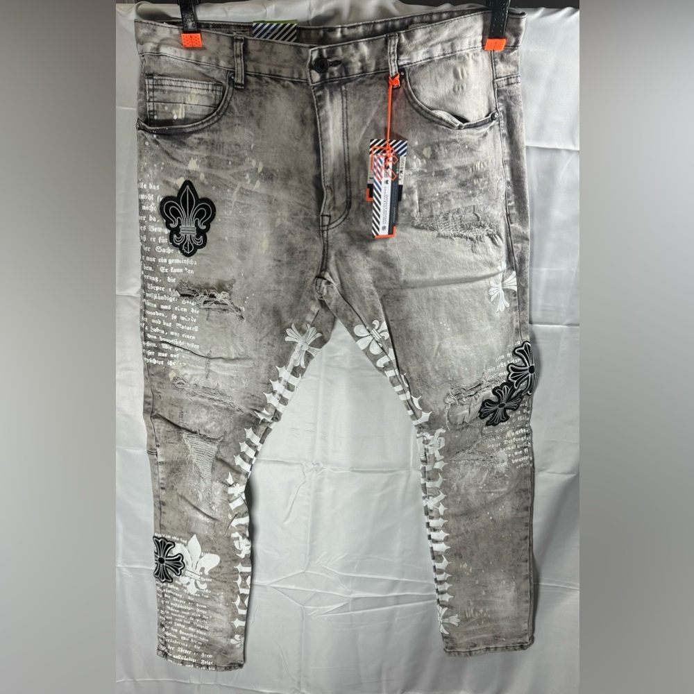 Smoke Rise Denim Chrome Heart Aesthetic - Slim Tapered Jeans 40X32